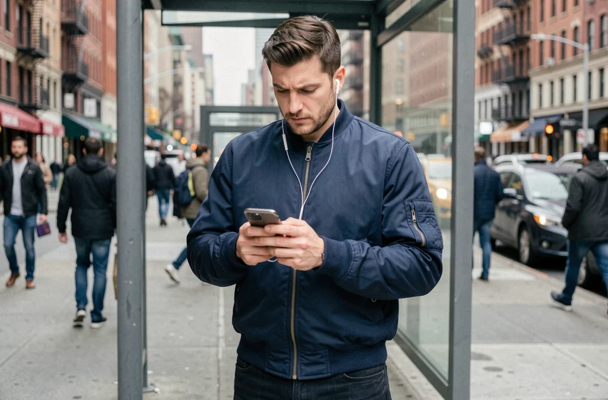 Homme dans la rue configurant rapidement une sonnerie musicale sur son iPhone