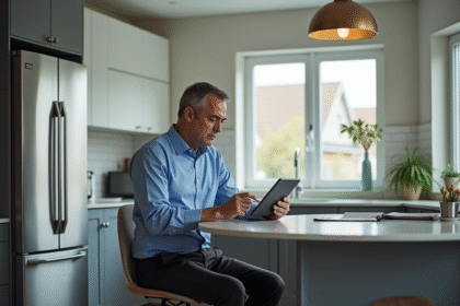 Homme d'âge moyen lisant les titres mondiaux sur une tablette