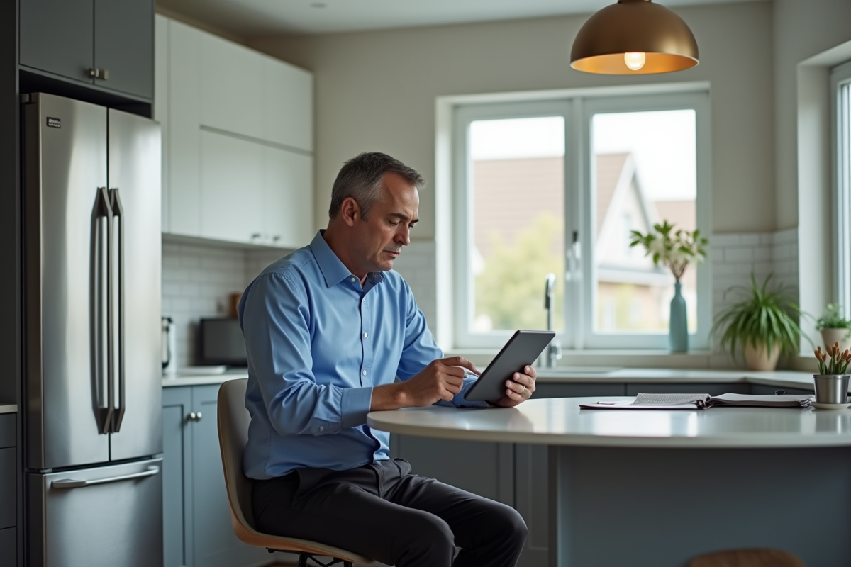Homme d'âge moyen lisant les titres mondiaux sur une tablette