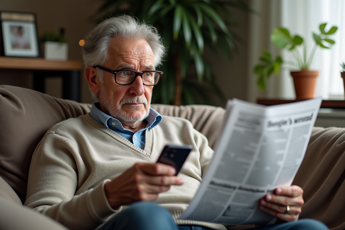 Homme âgé regardant son smartphone et son journal dans le salon