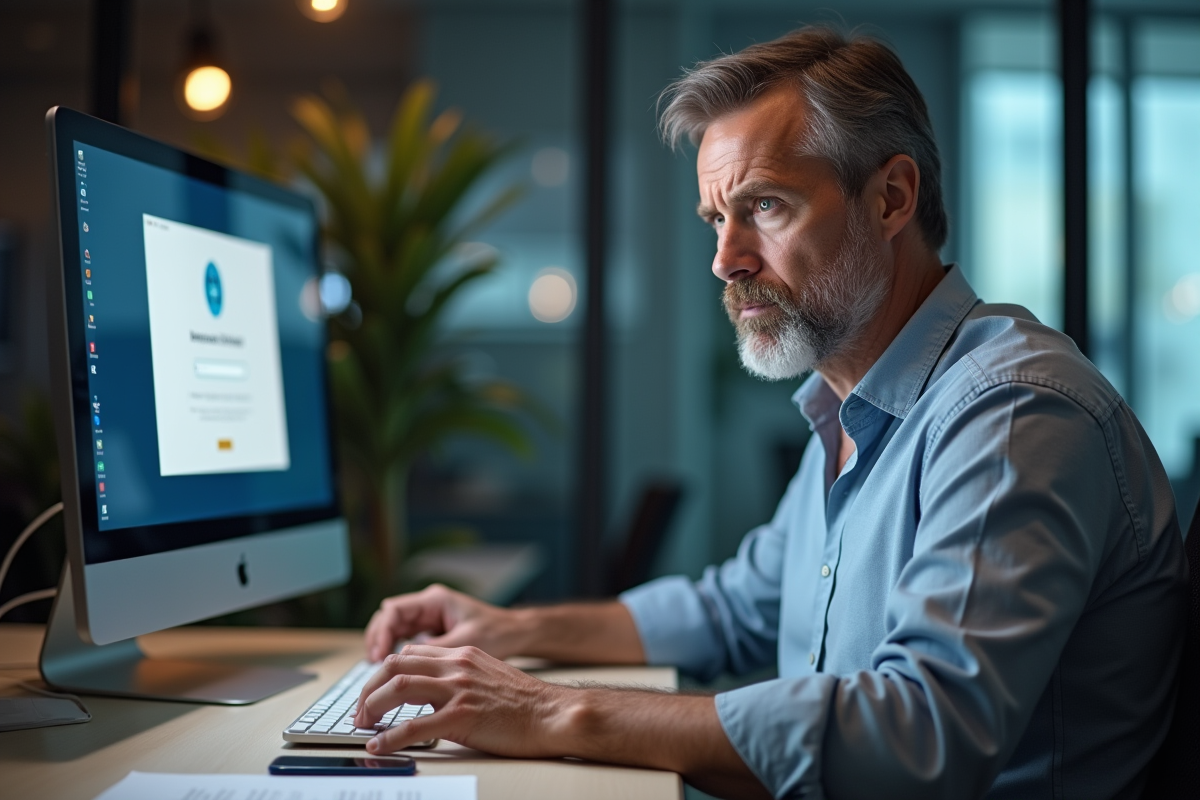 Homme frustré travaillant sur son ordinateur au bureau