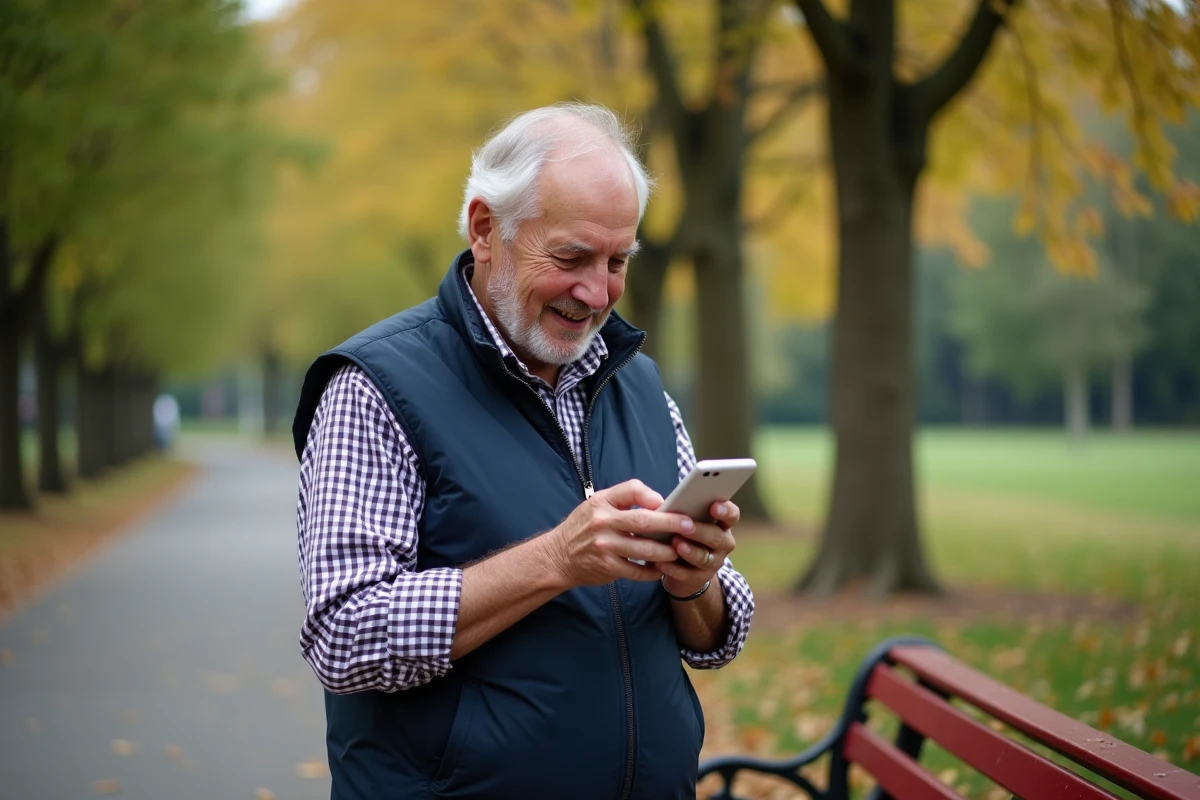 Homme âgé dans un parc vérifiant un téléphone classique blanc et rouge