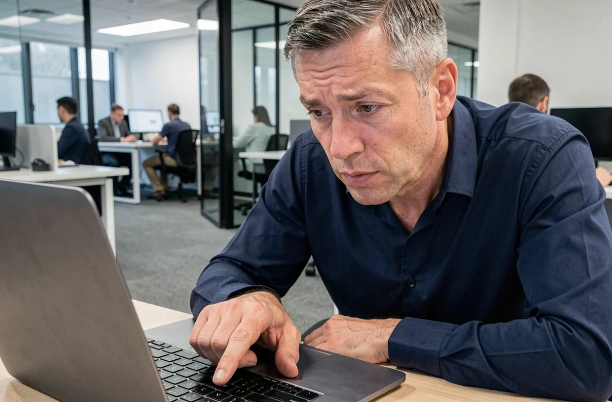 Homme cherchant un signe spécial sur le clavier de son ordinateur portable en open space, illustrant les erreurs fréquentes de saisie
