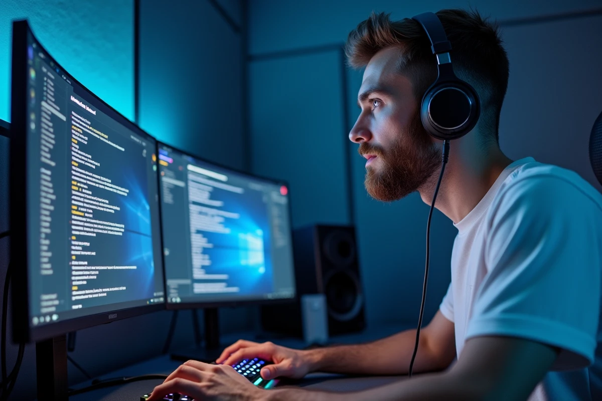 Homme gérant un serveur Discord avec des annonces formatées en italique sur un double écran dans une salle de streaming