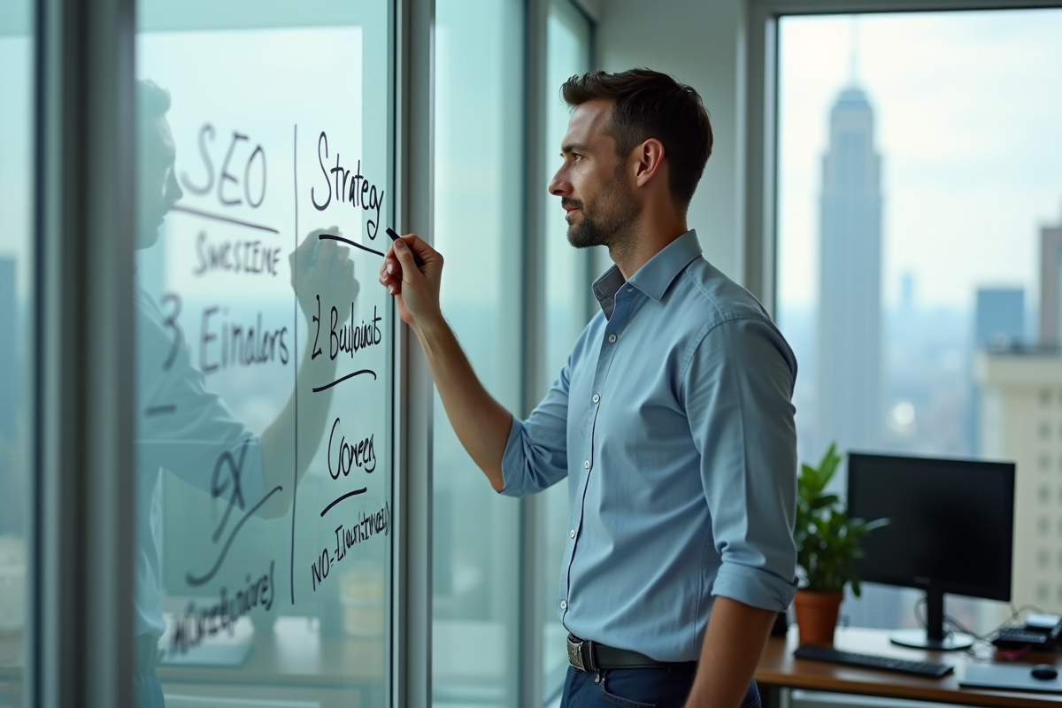 Homme écrivant des mots-clés SEO devant une grande fenêtre urbaine