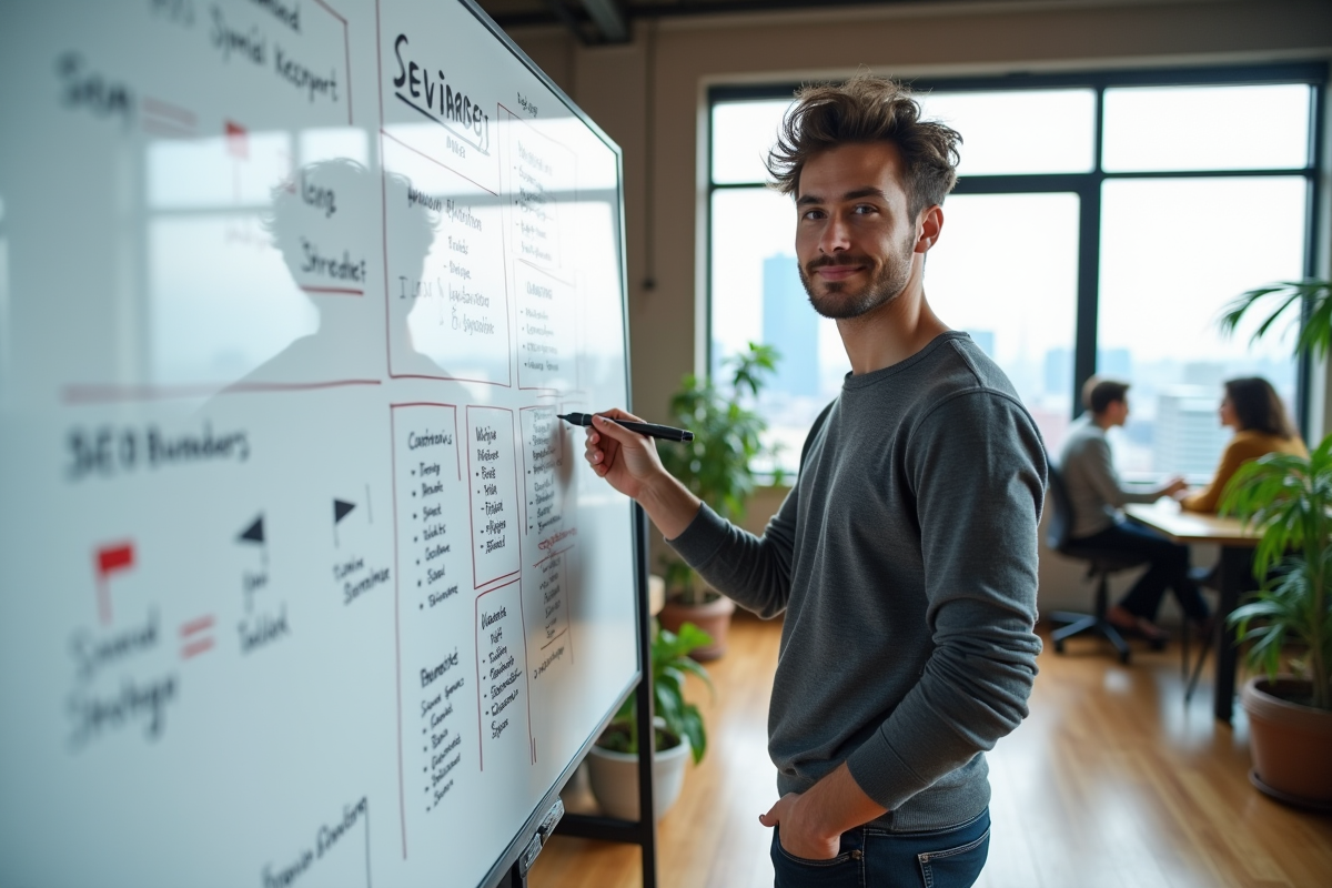 Jeune homme expliquant stratégie SEO avec tableau blanc