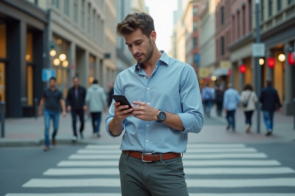 Jeune homme dans la rue vérifiant son smartphone