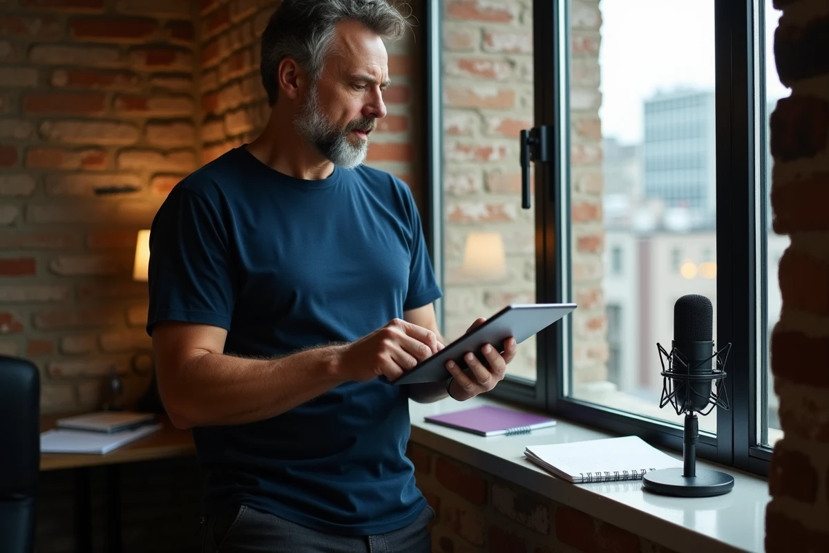 Homme réfléchissant avec microphone dans un studio créatif