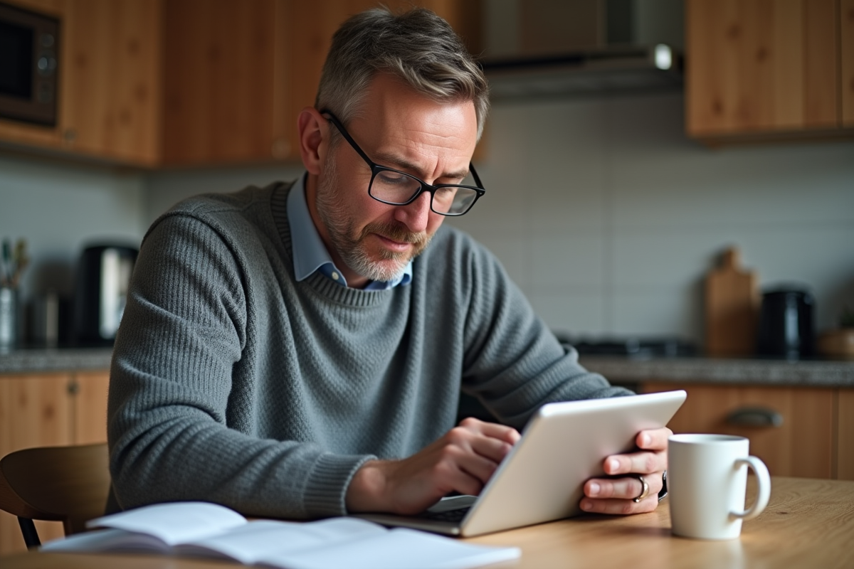 Homme d age moyen utilisant une tablette dans sa cuisine