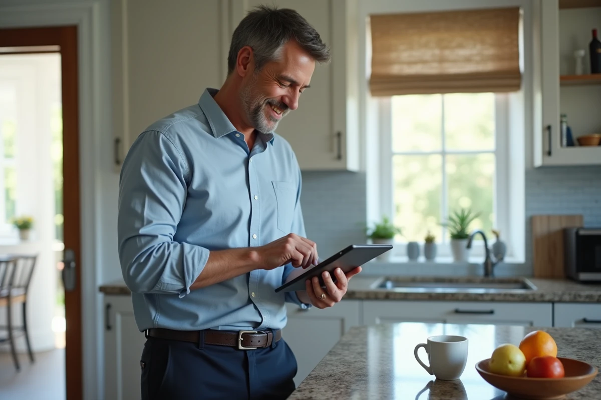 Homme vérifiant espace de stockage sur tablette après nettoyage