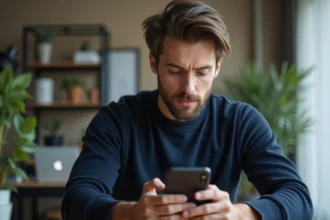 Homme en bureau regardant son smartphone avec concentration