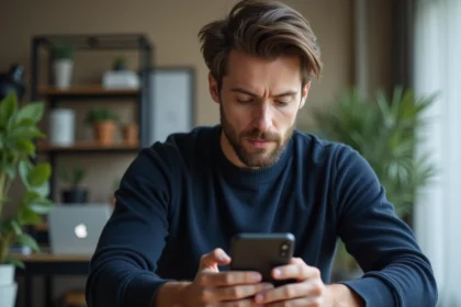 Homme en bureau regardant son smartphone avec concentration