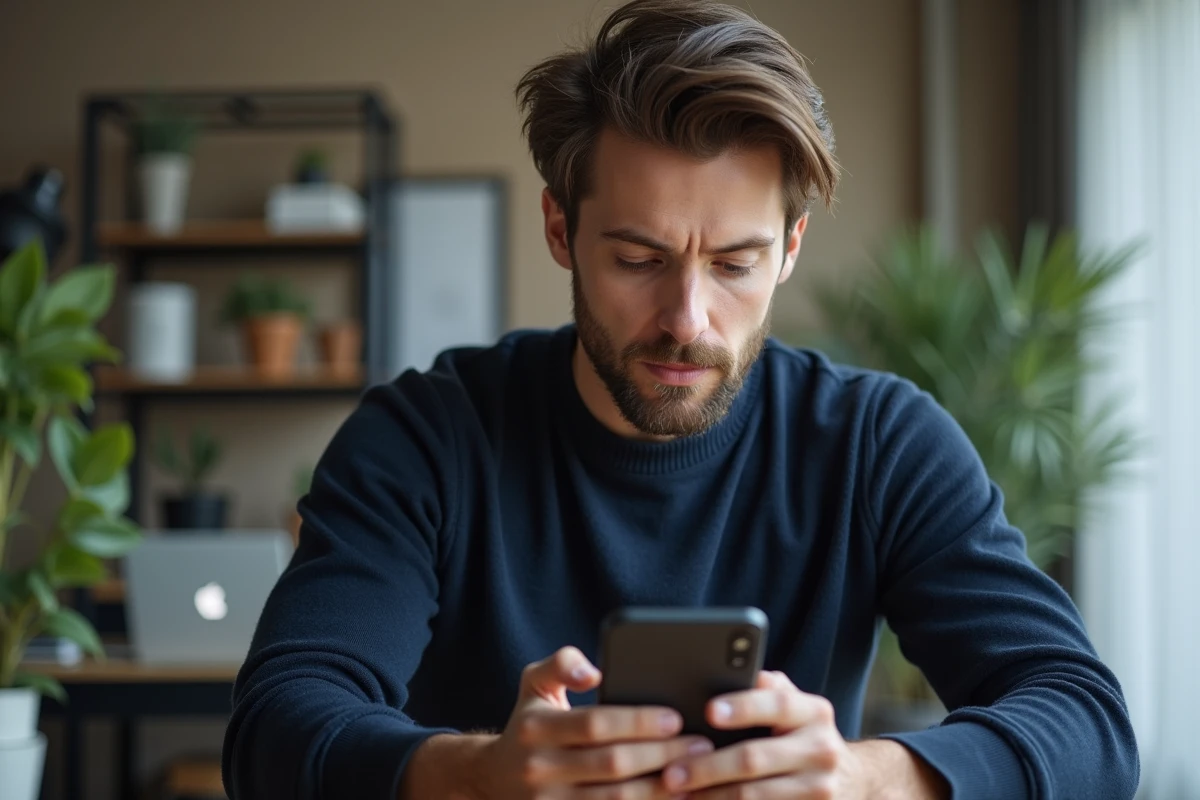 Homme en bureau regardant son smartphone avec concentration