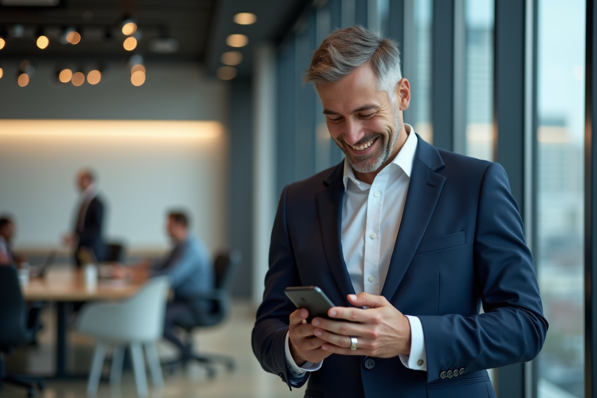 Homme en costume vérifiant ses e-mails avec smartphone
