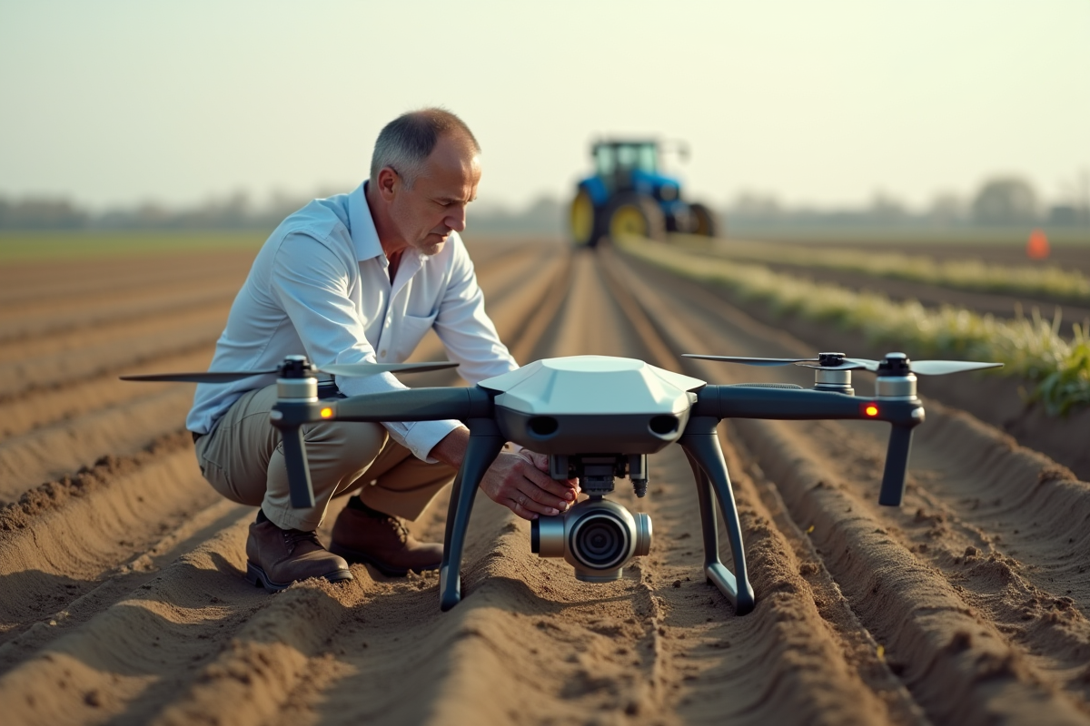 Ingénieur vérifiant un drone agricole dans un champ