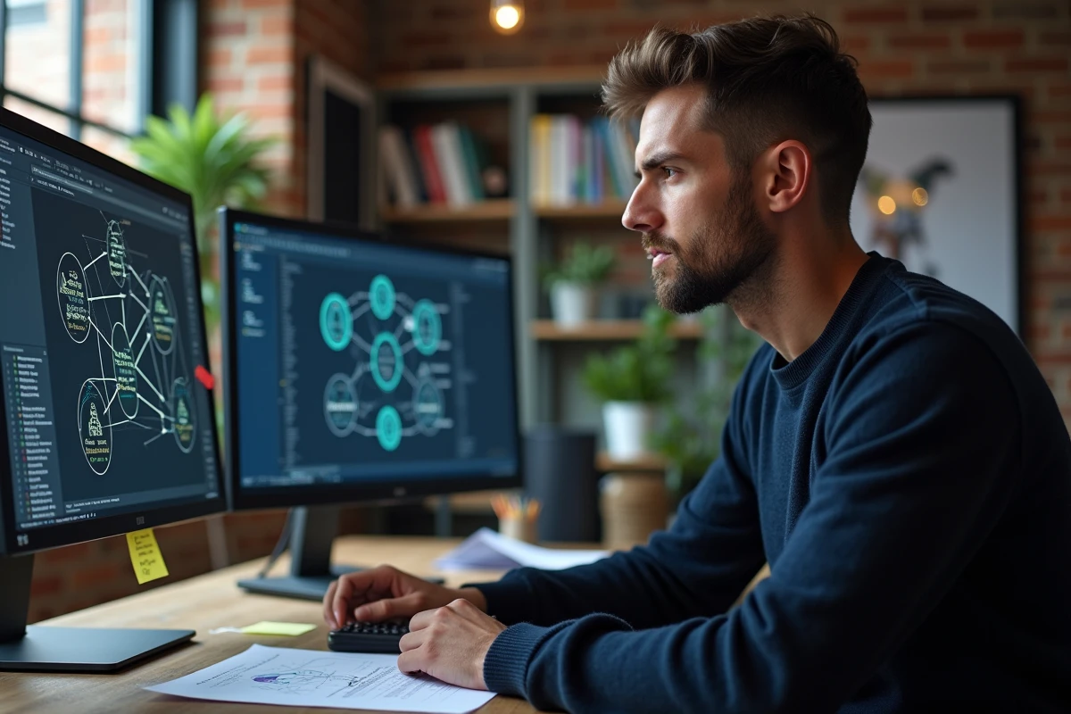 Ingénieur en intelligence artificielle analysant un schéma de réseau de neurones ResNet sur un écran d'ordinateur dans un bureau moderne