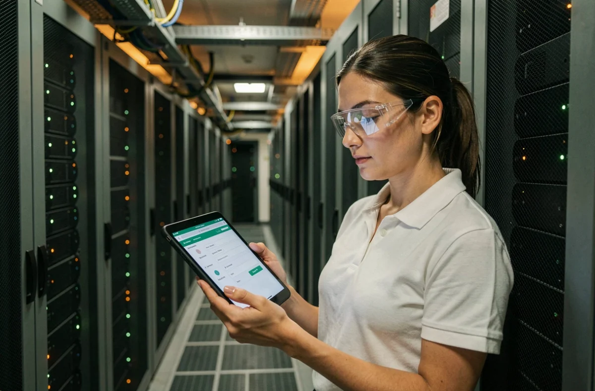 Ingénieure en cybersécurité configurant des politiques de protection d'endpoint sur tablette dans un couloir de centre de données