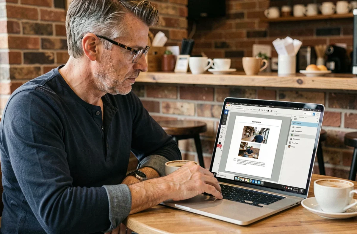 Homme insérant une photo dans un PDF en ligne depuis un café avec un ordinateur portable