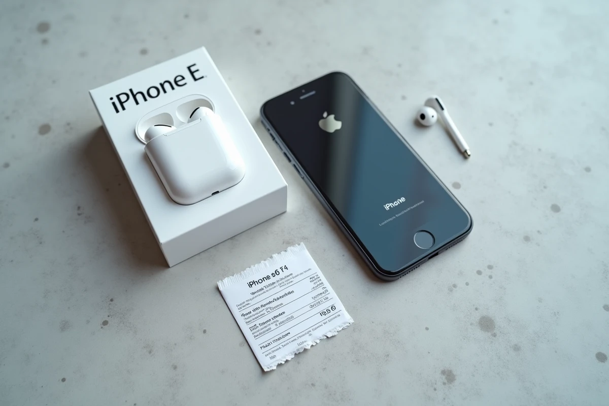 Vue aérienne d'un iPhone SE posé sur béton gris avec sa boîte et accessoires, évoquant une décision d'achat