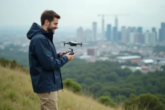 Jeune ingénieur pilotant un drone en ville moderne