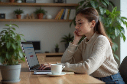 Jeune femme au bureau regardant un site ecommerce sur son laptop