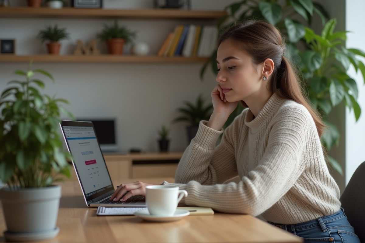 Jeune femme au bureau regardant un site ecommerce sur son laptop