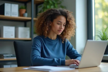 Jeune femme concentrée travaillant sur un ordinateur dans un bureau moderne