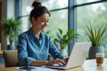 Jeune femme au bureau travaillant sur son ordinateur portable