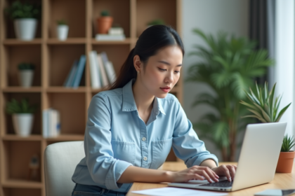 Jeune femme au bureau en train de sauvegarder des documents sur son ordinateur