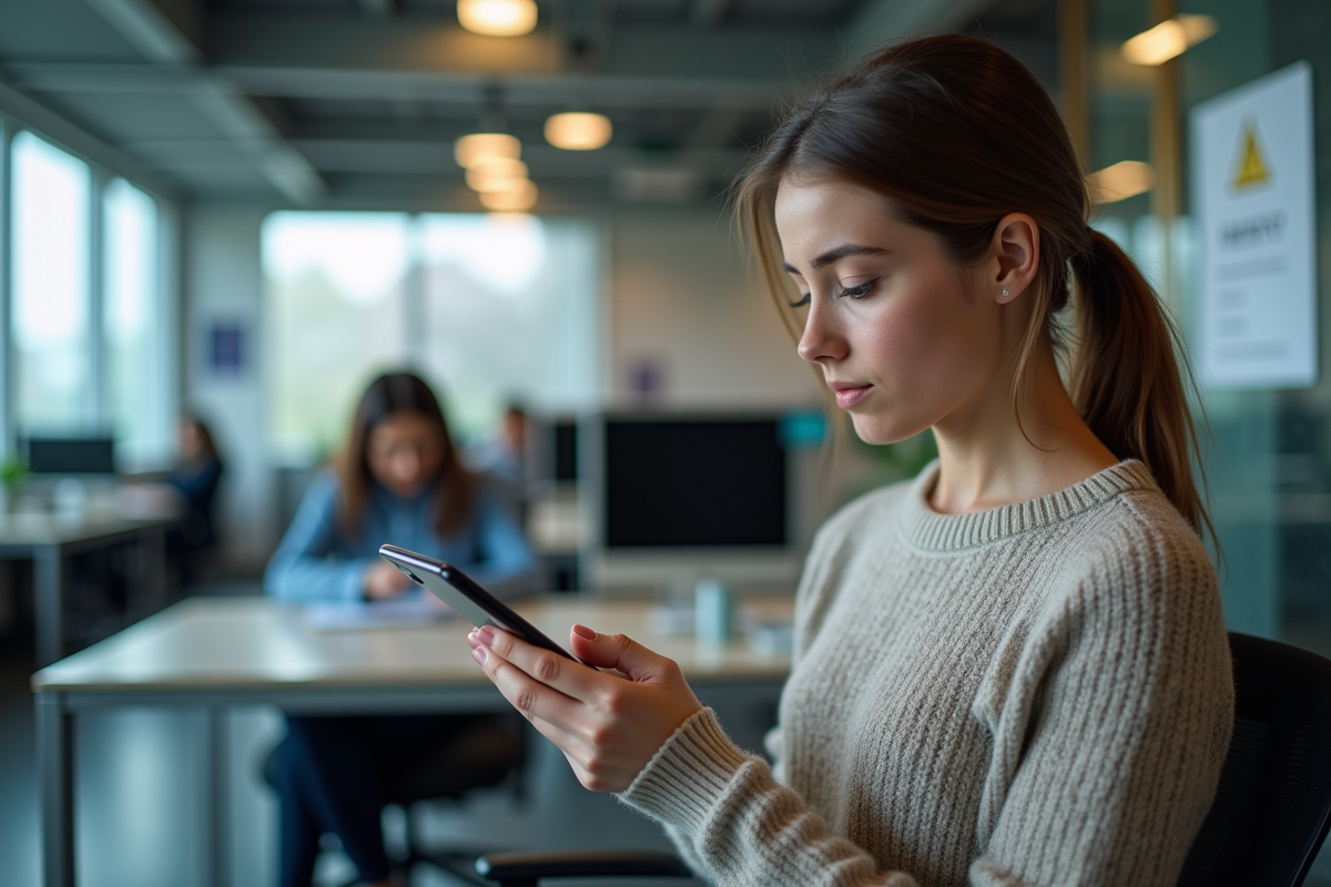 Jeune femme examinant un message suspect sur son smartphone au bureau