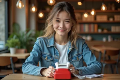 Jeune femme au café tenant un téléphone vintage blanc et rouge