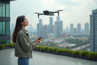 Jeune femme lançant un drone dans la ville moderne