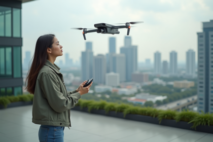 Jeune femme lançant un drone dans la ville moderne
