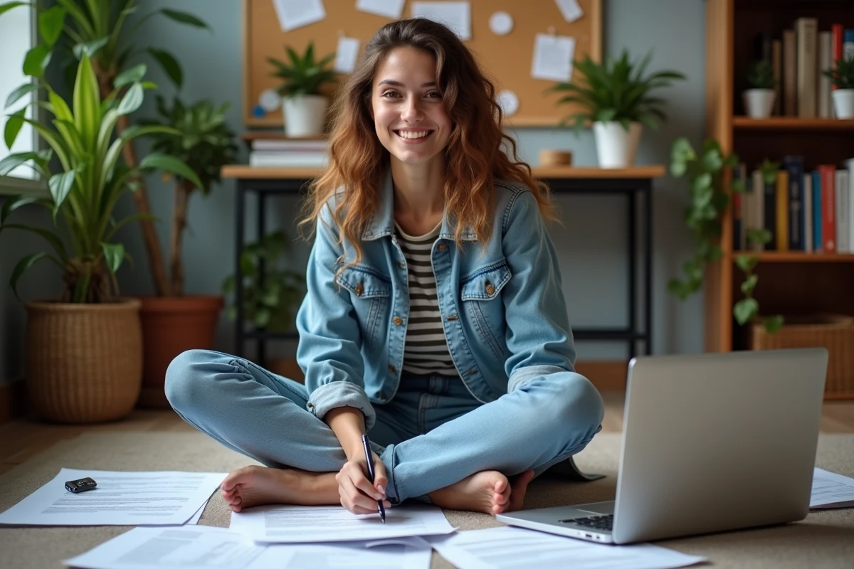 Jeune femme souriante annotant des log fichiers dans un bureau cosy