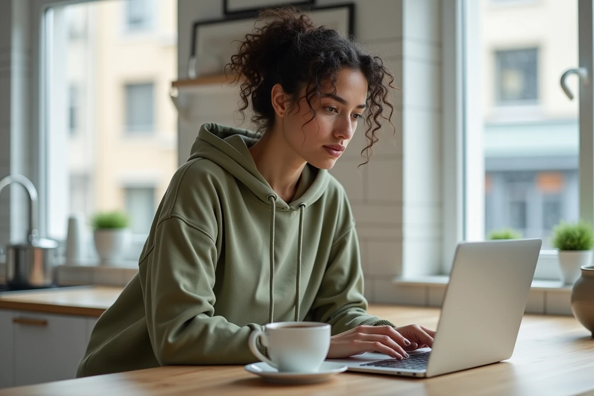 Jeune femme consultant les suggestions de grammaire française d'un outil en ligne sur son ordinateur portable dans une cuisine moderne