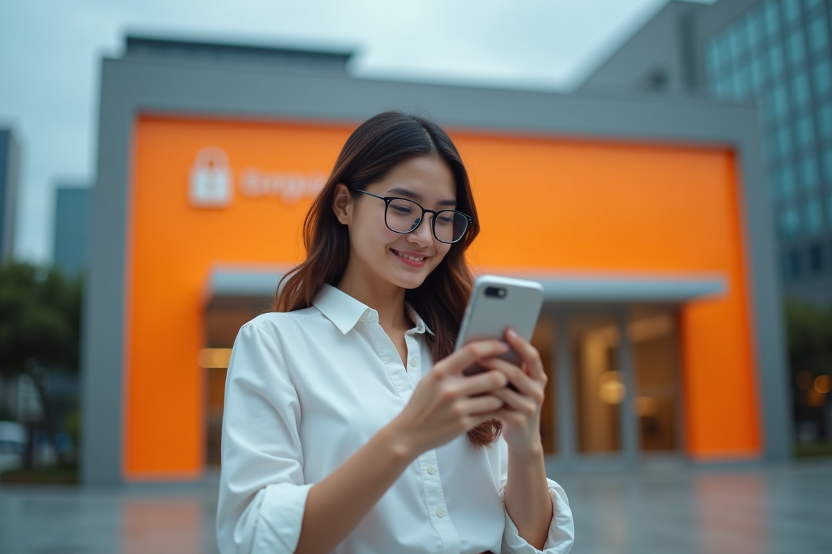 Jeune femme avec smartphone devant bâtiment moderne avec portail orange