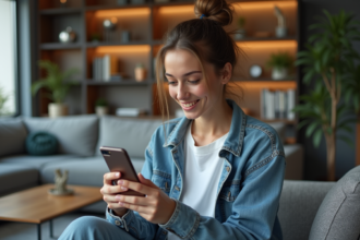 Jeune femme en denim dans un salon moderne examine son smartphone