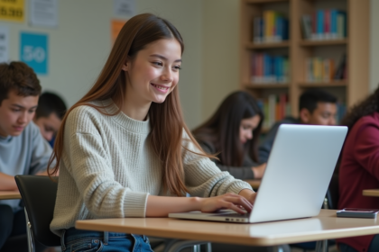 Jeune femme concentrée sur son ordinateur en classe