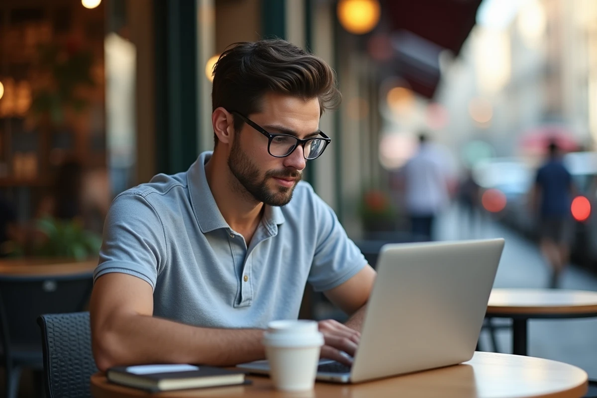 Jeune homme ajustant une photo dans un café urbain