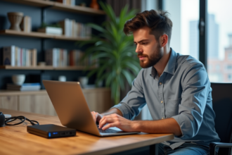 Jeune homme connectant un modem fibre optique dans un appartement moderne