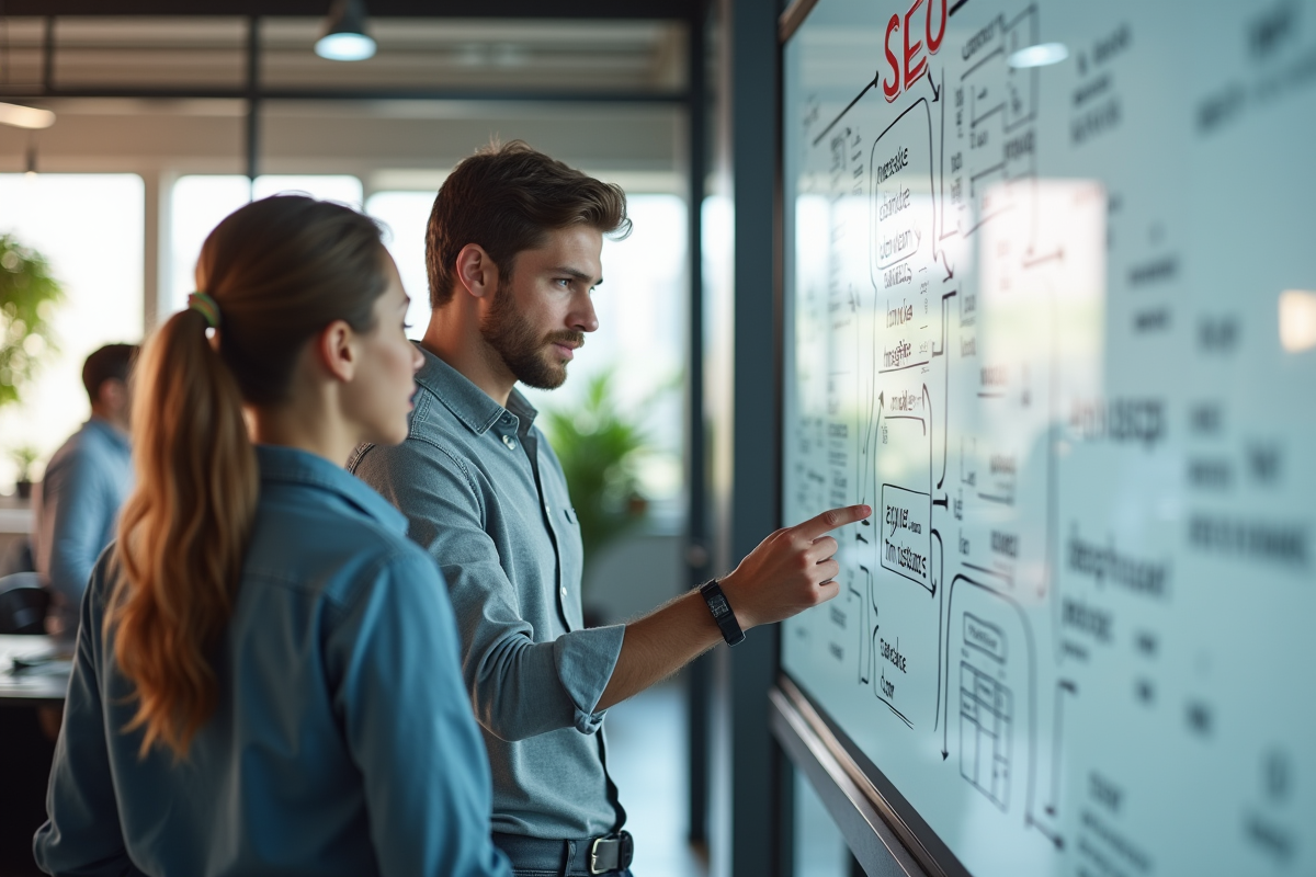 Jeune homme expliquant un diagramme SEO avec collègues