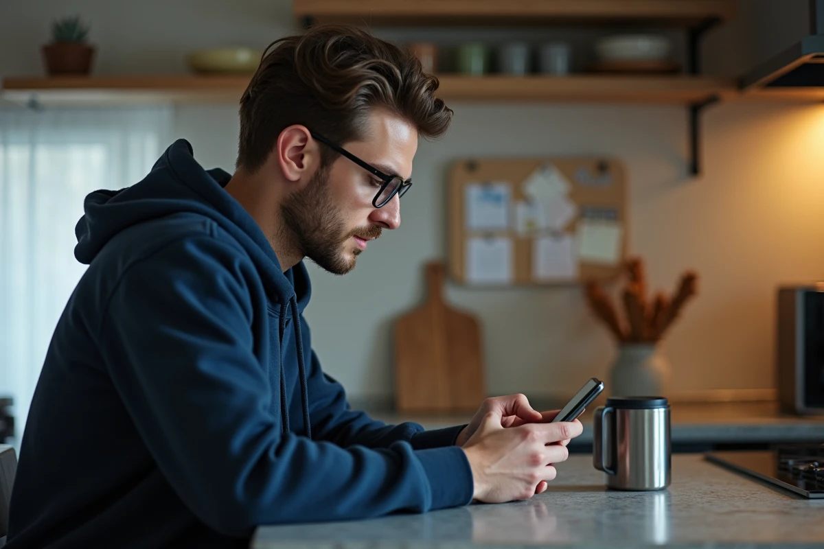 Jeune homme dans sa cuisine pour préparer un message WhatsApp