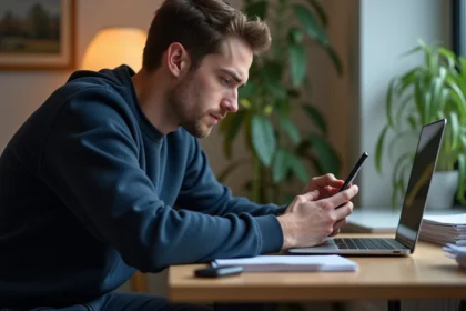 Jeune homme concentré utilisant son smartphone sur un bureau
