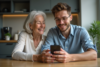 Jeune homme montrant son smartphone à une femme âgée dans la cuisine