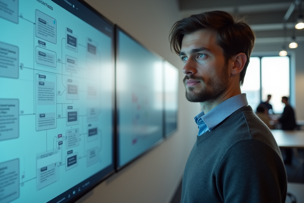 Jeune homme en travail collaboratif avec moniteur
