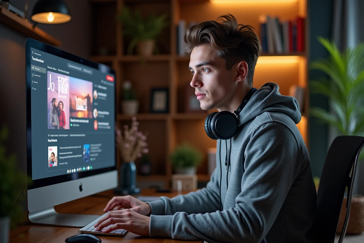 Jeune homme regardant interface YouTube vers MP3 dans un bureau