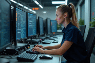 Jeune femme ingénieure réseau configurant IPv6 en bureau moderne