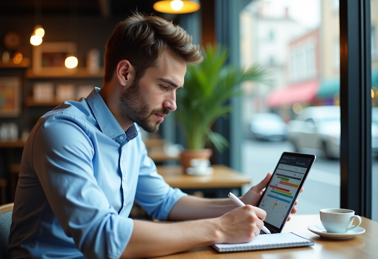 Jeune chef de projet travaillant dans un café avec un tableau de Gantt
