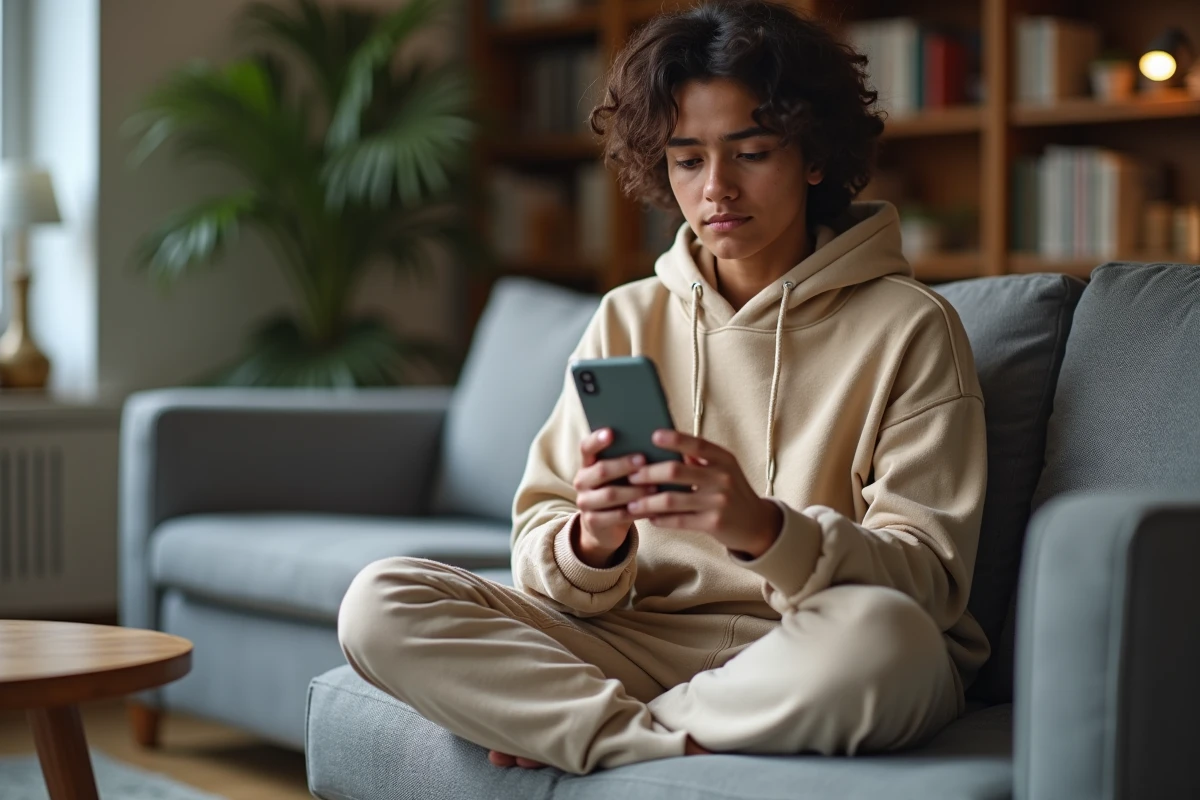Jeune personne assise sur un canapé consultant une conversation vide après suppression de SMS sur smartphone