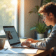 Jeune personne concentrée travaillant sur un ordinateur portable dans un bureau lumineux